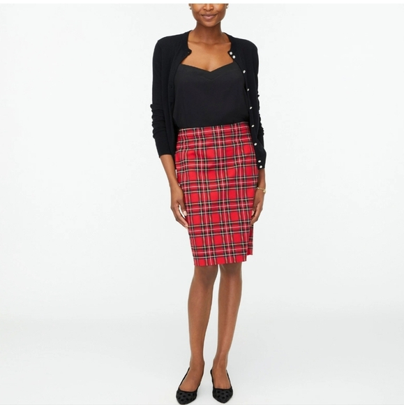 J Crew Tartan Pencil Skirt Cotton Sateen Red Black Plaid Preppy Holiday - Picture 1 of 10